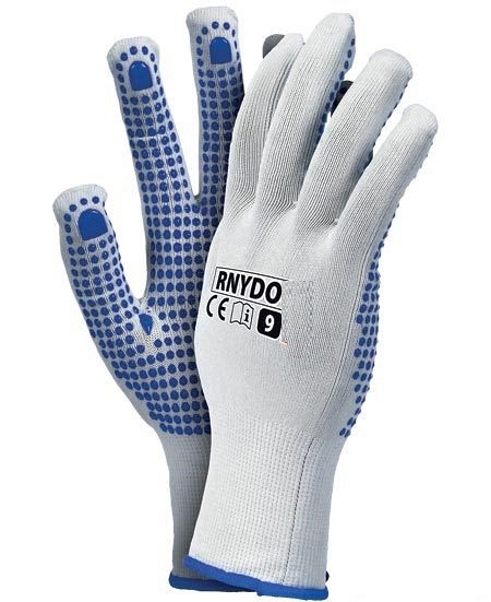 Zaščitne rokavice s PVC bunkicami RNYDO bele/modre 1. kategorija